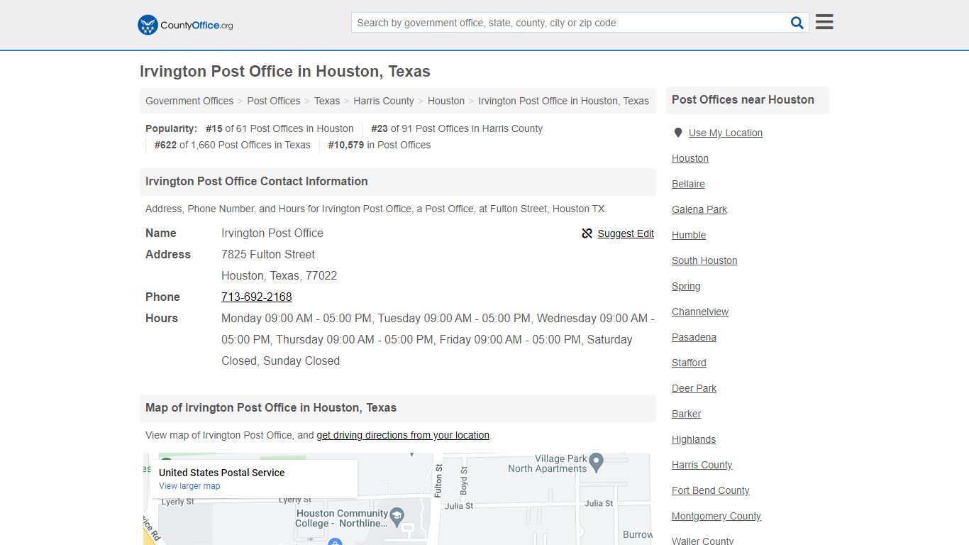 Irvington Post Office - Houston, TX (Address, Phone, and Hours)