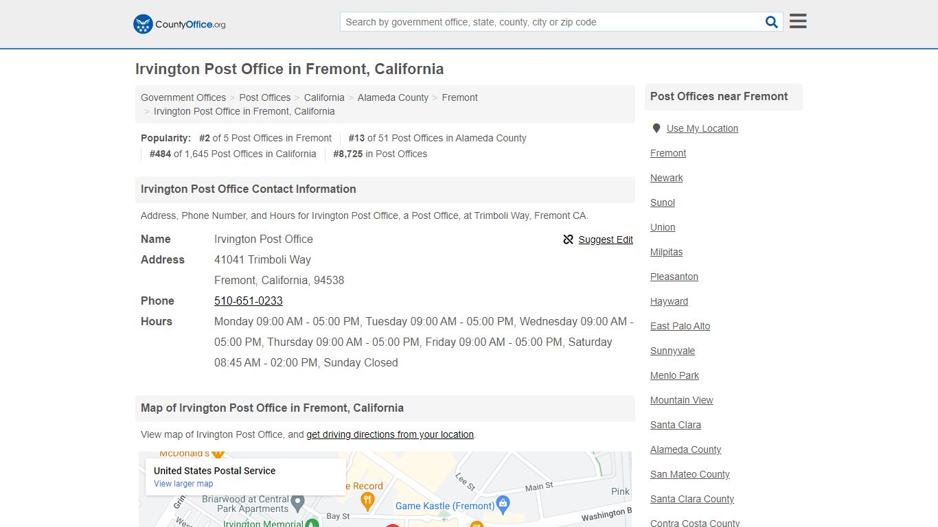 Irvington Post Office - Fremont, CA (Address, Phone, and Hours)