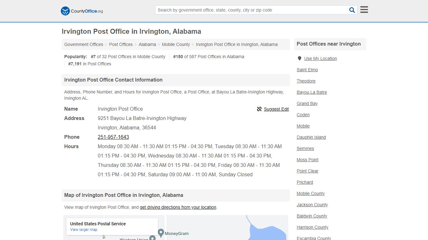 Irvington Post Office - Irvington, AL (Address, Phone, and Hours)