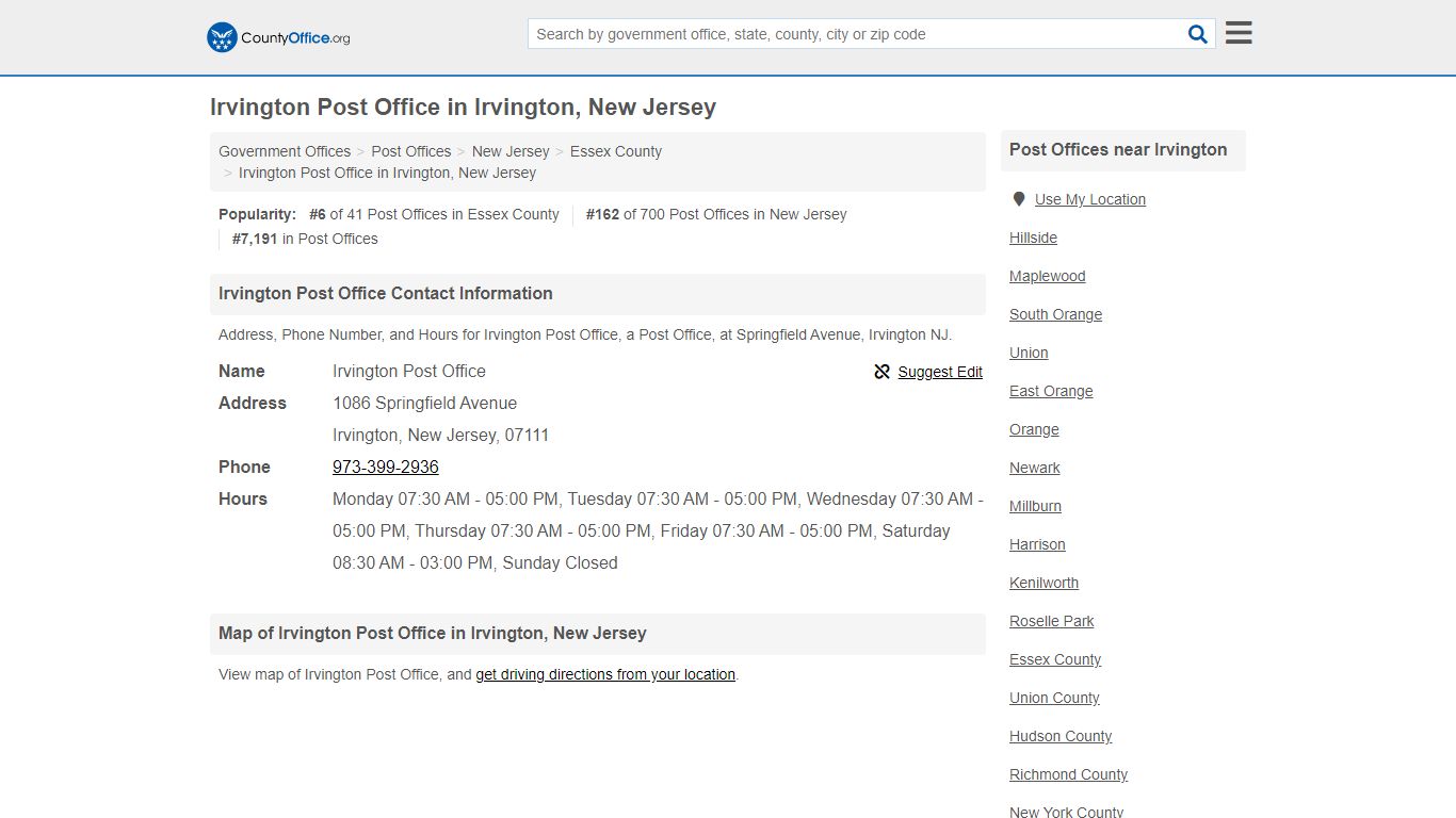 Irvington Post Office - Irvington, NJ (Address, Phone, and Hours)